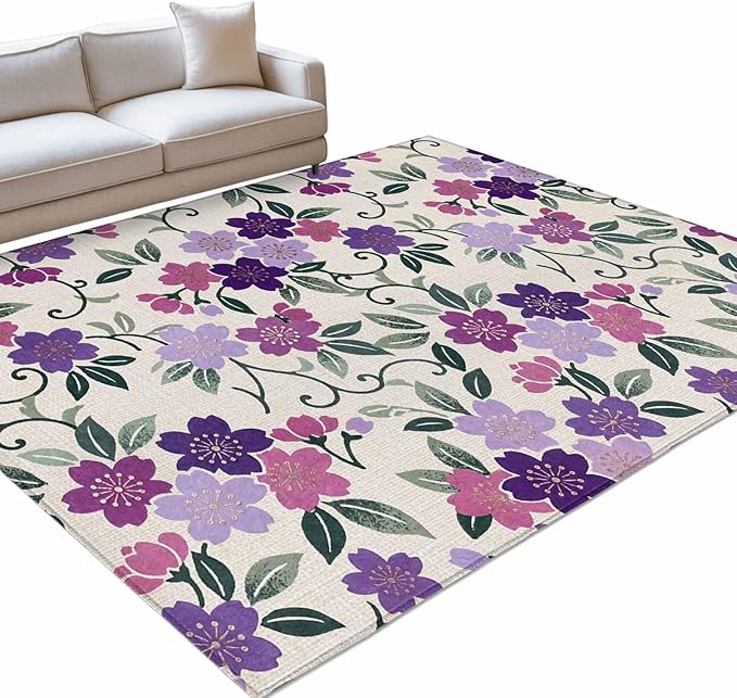 Area Rug 4x6ft, Watercolor Country Flowers Washable Rugs for Living Room Bedroom, Plum Blossoms on Linen Soft Non-Slip Area Rugs Rectangle Floor Carpet for Dining Room