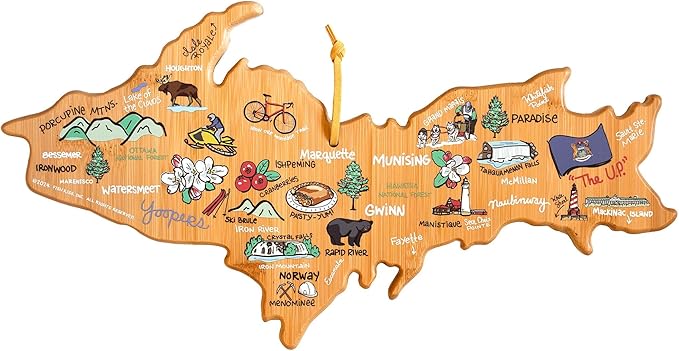 Totally Bamboo Michigan Upper Peninsula State Shaped Cutting Board and Charcuterie Serving Platter with Artwork by Fish Kiss, Includes Hang Tie for Wall Display