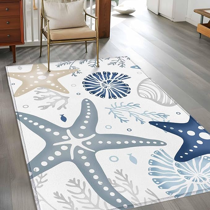 Area Rug 3x5ft, Ocean Starfish Shell Conch Washable Rugs for Living Room Bedroom, Sea Blue Coral Seamless Soft Non-Slip Area Rugs Rectangle Floor Carpet for Dining Room