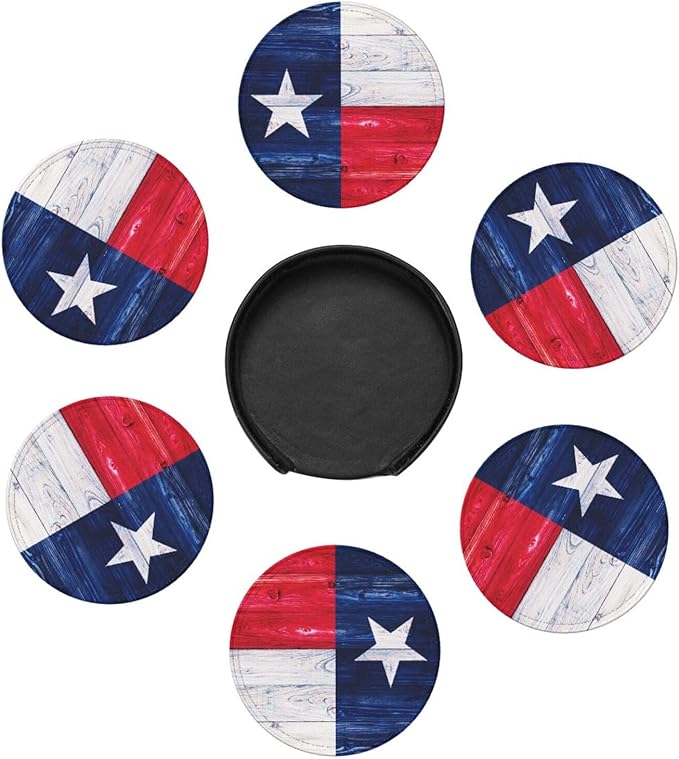 Texas Flag Wooden Leather Drinks Coasters with Holder, Set of 6, Suitable for Various Cups