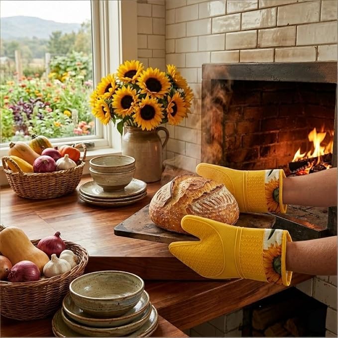 Pair of 2 Heat-Resistant Silicone Oven Mitts – Extra Long, Non-Slip Grip, Soft Cotton Lining, Perfect for Baking, Cooking & BBQ – 13” x 7” Kitchen Gloves (Sun Flower)