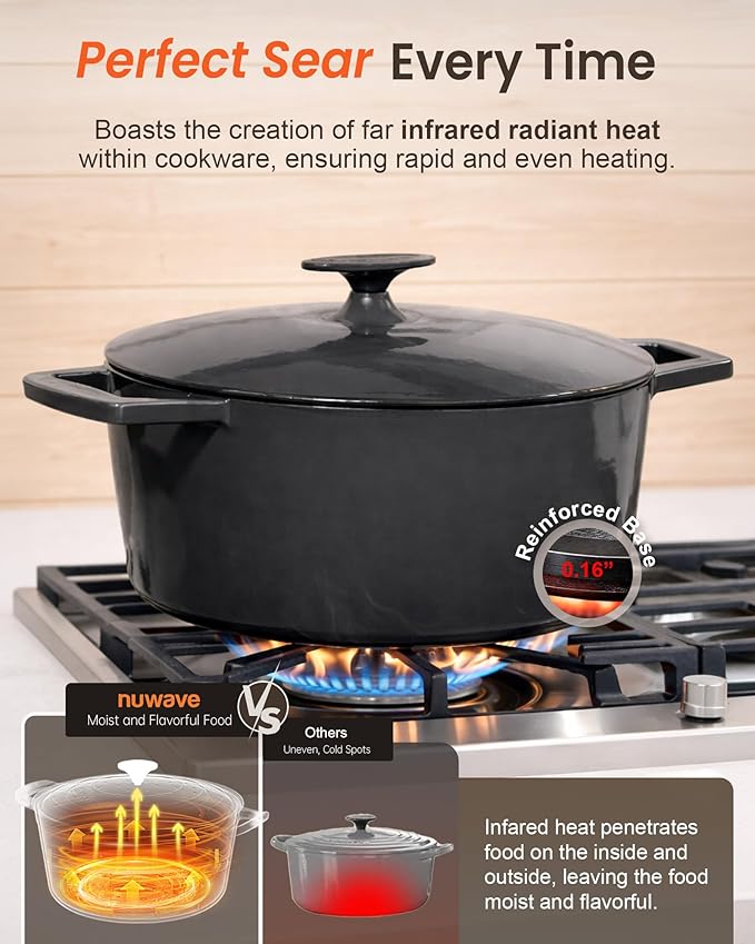 Nuwave 6QT LUX Healthy Enameled Cast Iron Dutch Oven Pot with Lid, Heavy Duty 7-Layer Enamel, Enhanced Rust Protection, Dual Handles, Oven Safe to 500°F for Sourdough Bread Baking, Braise, Stew, Roast