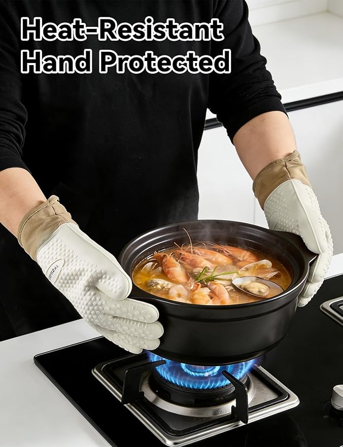 Silicone Oven Mitts with Five-Finger Design, Extended Cuff & Soft Cotton Lining – Heat Resistant, Waterproof, Non-Slip Oven Gloves for Baking, Cooking, Grilling, Safe Grip on Hot Cookware - White