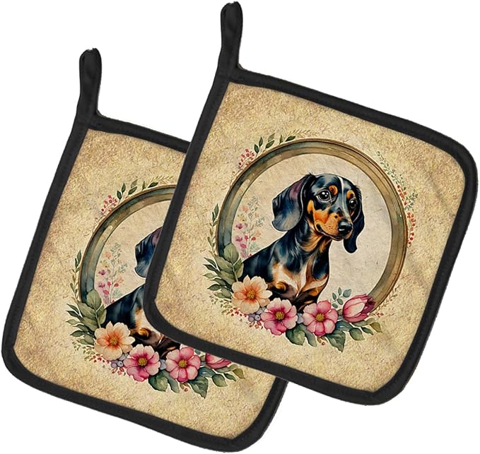Caroline's Treasures Dachshund and Flowers Pair of Pot Holders Kitchen Heat Resistant Pot Holders Sets Oven Hot Pads for Cooking Baking BBQ, 7 1/2 x 7 1/2