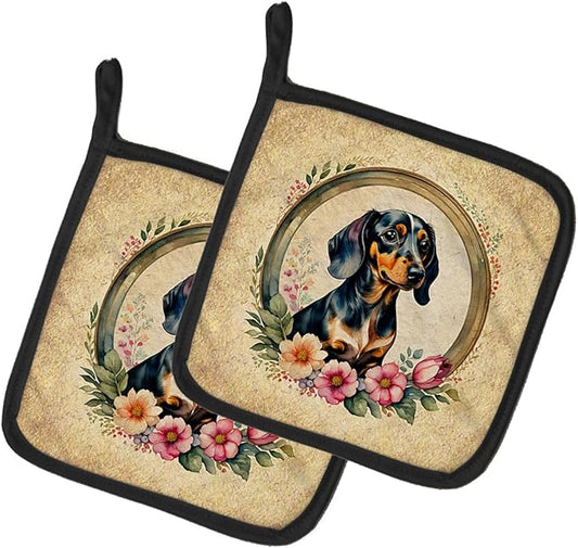 Caroline's Treasures Dachshund and Flowers Pair of Pot Holders Kitchen Heat Resistant Pot Holders Sets Oven Hot Pads for Cooking Baking BBQ, 7 1/2 x 7 1/2