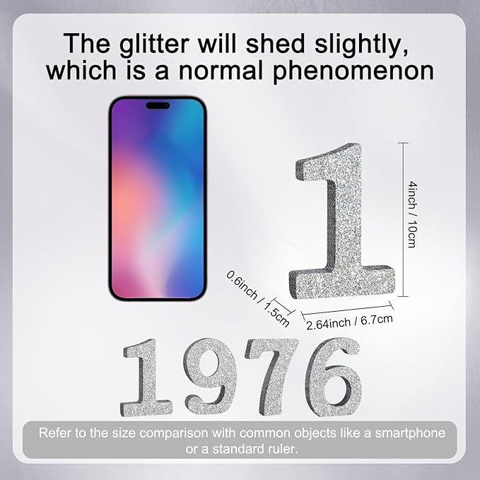TONIFUL 4 Inch 1976 Silver Glitter Table Centerpiece Sign 1976 Number Block for 50th Birthday Decoration,Fifty Years Old Birthday Table Decoration,Class of 1976 Reunion Decorations or Anniversary