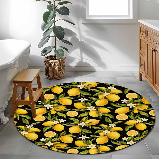 Washable Round Area Rug Summer Lemon Flower Circle Rugs Floor Carpet for Living Room Bedroom, Plant on Black Soft Non Slip Round Rug 3ft