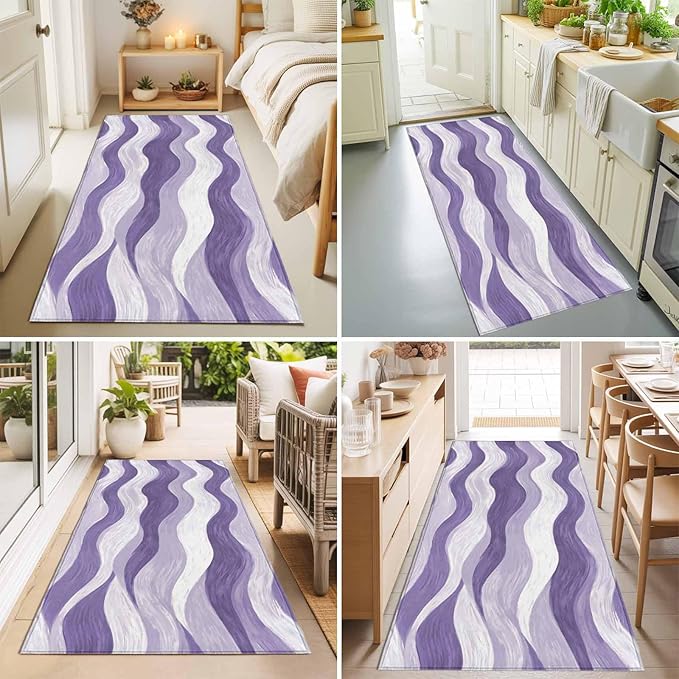 Runner Rug for Bedroom Hallway, Abstract Lavender Purple White Water Ripples Kitchen Runner Rugs Area Rug 2x6ft, Modern Art Washable Soft Floor Carpet for Entryway Stair