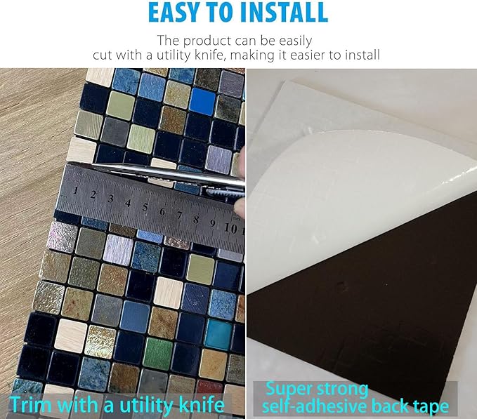 10 Sheets Peel and Stick Backsplash Tile, Self-Adhesive Mosaic Tile, Stick on Kitchen, Bathroom Vanities, Fireplace Décor, Laundry Table (10, Mixed Green and Blue)