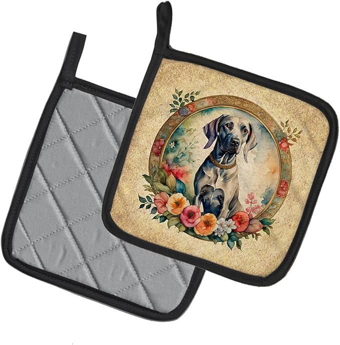 Caroline's Treasures Weimaraner and Flowers Pair of Pot Holders Kitchen Heat Resistant Pot Holders Sets Oven Hot Pads for Cooking Baking BBQ, 7 1/2 x 7 1/2