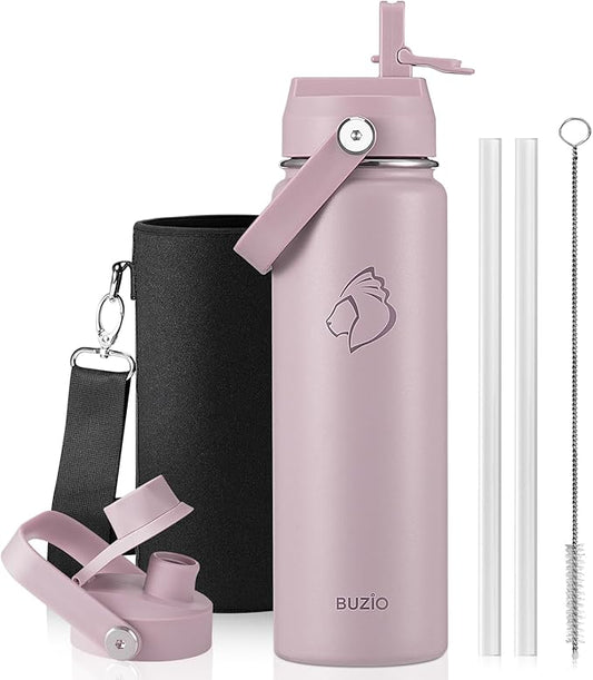 BUZIO 24 oz Water Bottle Insulated, Leakproof Stainless Steel Flask (Cold for 48 Hrs), Wide Mouth BPA-Free Metal Thermo Hydro Canteen with 2 Lids, Purple