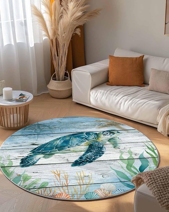 Round Area Rug,Sea Turtle Seagrass Starfish Circle Living Room Rug Non-Slip Rugs Indoor Carpet,Nautical Compass Blue Gradient Soft Comfort Rugs for Bedroom KidsRoom Nursery