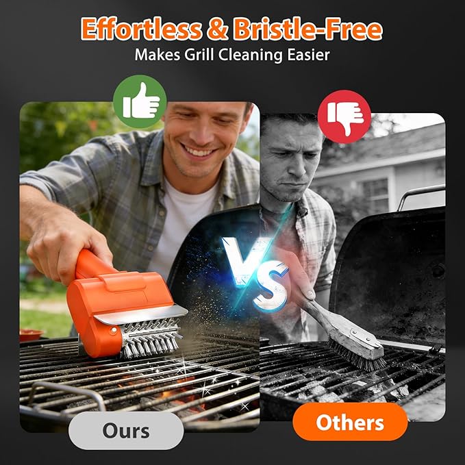 Electric Grill Brush - BBQ Grill Cleaning Tools with 800 RPM Brush Head,3000mAh Battery and 304 Stainless Steel Bristles, Cordless Rechargeable Grill Cleaner for Outdoor (Orange)