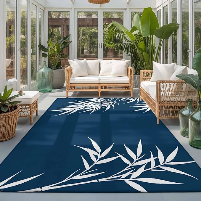Area Rug 3x5ft, Country Leaf on Dark Blue Washable Rugs for Living Room Bedroom, Botanical Silhouette Minimalist Style Soft Non-Slip Area Rugs Rectangle Floor Carpet for Dining Room