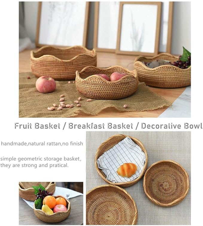 Handmade Rattan Round Fruit Basket Food Storage Bowls Kitchen Organizer Snack Serving Bowl, 11 Inch Boho Wicker Bread Bowl Woven Basket Décor for Nuts with 3”Side and Wavy Edge (Large 11")