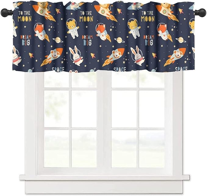 Animal Astronaut Valance, Funny Cartoon Animals Spacemen Rocket Kids Boys Window Treatment for Kitchen Dining Bedroom Nursery Decor, 54x18Inch