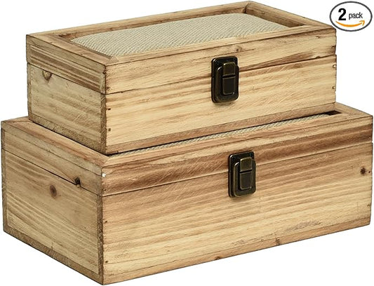 DECOR4SEASON Decorative Storage Boxes with Hinged Lid, 2 Pcs Memory Box for Keepsakes, Wooden Treasure Chest Box, Large Vintage Craft Box Trunk Basket for Men, Kids, Jewelry, (Linen Lid, White)