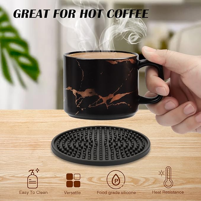 Silicone Coasters for Drinks, Non‑Slip Spill‑Proof Heat Resistant Coasters Set of 4, Reusable Washable Table Protection for Home Decor Kitchen Office, Bar(4Pack,Black)