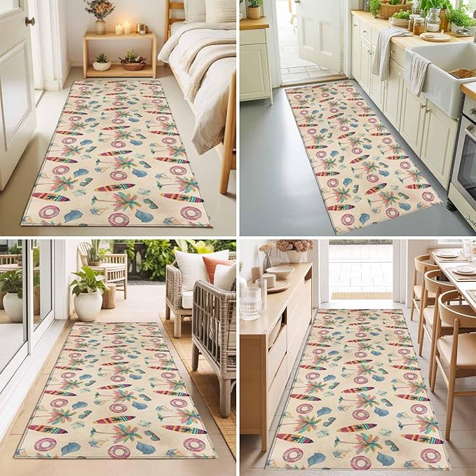 Runner Rug for Bedroom Hallway, Summer Surfboard Coconut Tree Kitchen Runner Rugs Area Rug 2x6ft, Coastal Vintage Plants Washable Soft Floor Carpet for Entryway Stair