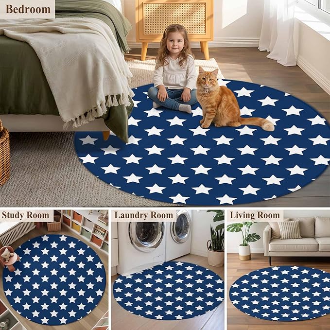 Washable Round Area Rug 4th of July White Star on Navy Blue Circle Rugs Floor Carpet for Living Room Bedroom, Independence Freedom Liberty Soft Non Slip Round Rug 5ft