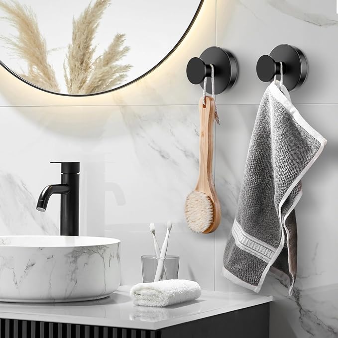 BKV Suction Cup Hooks for Glass Window,Removable Shower Hooks for Inside Shower,Metal Towel Hooks for Bathrooms,4 Pack(Black) | for Glass Window, for Inside Shower, for Bathrooms