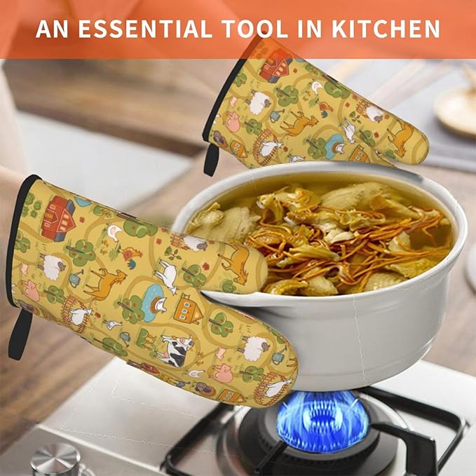 Farm Animals Design Oven Mitts of 2-Pack Set, Funny Kitchen Gloves Heat Resistant Non-Slip Kitchen Mitts Safe Cooking Baking Grilling
