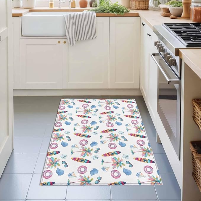 Area Rug 2x3ft, Summer Surfboard Coconut Tree Washable Rugs for Living Room Bedroom, Tropical Seamless Pattern Soft Non-Slip Area Rugs Rectangle Floor Carpet for Dining Room