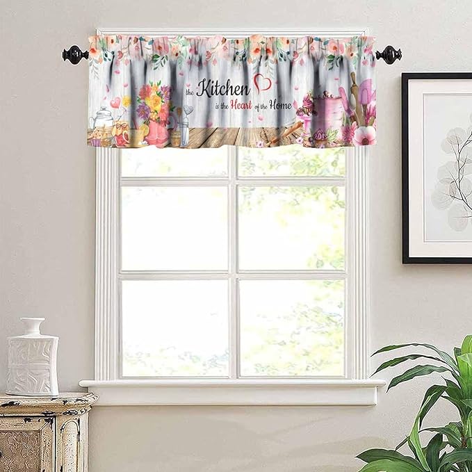 Floral Kitchen Valance Curtain, Watercolor Pink Flower Dessert Baking Tools Farmhouse Short Window Treatment for Dining Room Cafe Resturant Afternoon Tea Bedroom Home Decor, 54x18Inch