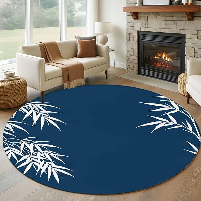 Washable Round Area Rug Country Leaf on Dark Blue Circle Rugs Floor Carpet for Living Room Bedroom, Botanical Silhouette Minimalist Style Soft Non Slip Round Rug 5ft