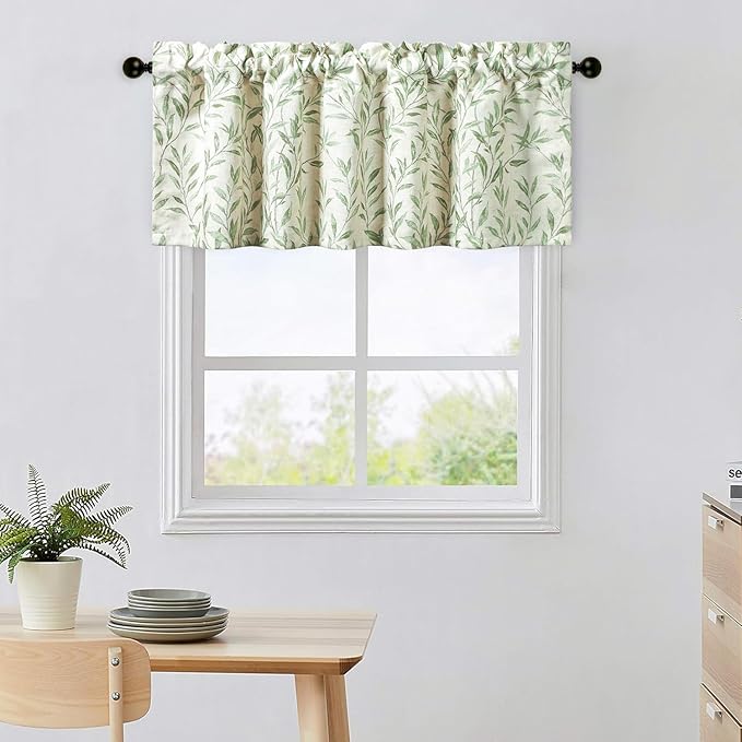 Leeva Willow Leaves Printed Curtains Valance - Rod Pocket Semi-Blackout Valance for Kitchen,Bedroom & Living Room, 52 x 18 Inch, Green, One Panel