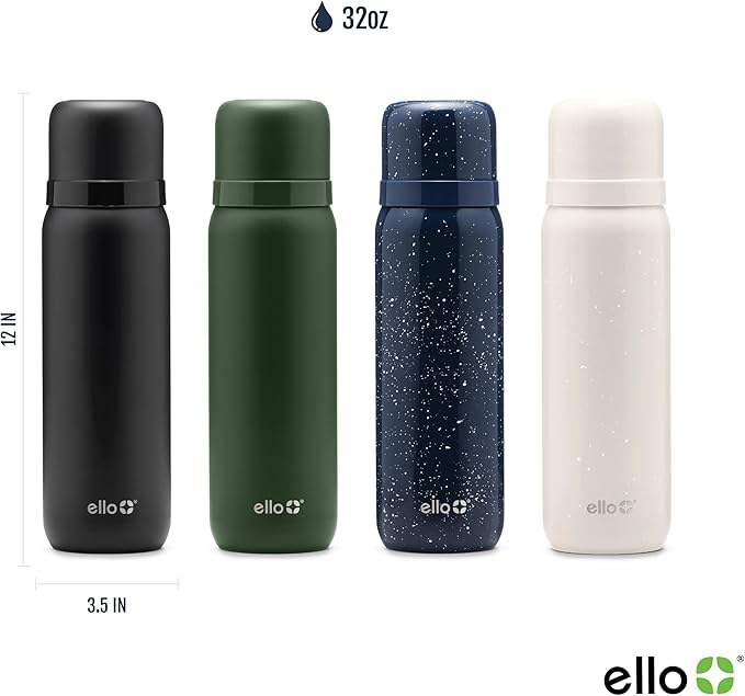 Ello Therma 32oz Insulated Stainless Steel Thermos for Hot & Cold Beverages with Leak Proof Lid & Built-in Cup, Triple Wall Insulation, Hot 24 Hrs, Perfect for Coffee,Tea, Dishwasher Safe, Green