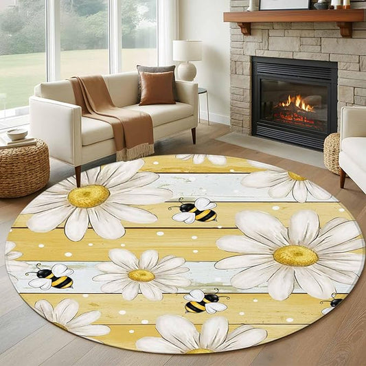 Washable Round Area Rug Summer Rustic Daisy Flower Bee Circle Rugs Floor Carpet for Living Room Bedroom, Blossom Floral Yellow Wooden Soft Non Slip Round Rug 5ft