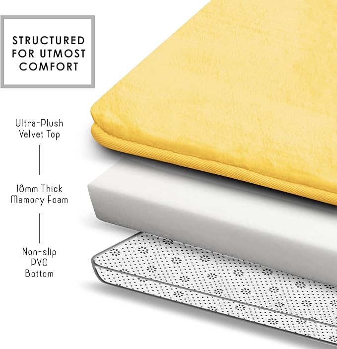 Clara Clark 2 Piece Bathroom Rugs Bath Mat Set, Velvet Memory Foam Bath Mats for Bathroom - Non-Slip, PVC Backing Bath Rugs, Washable - Dries Quickly, Yellow