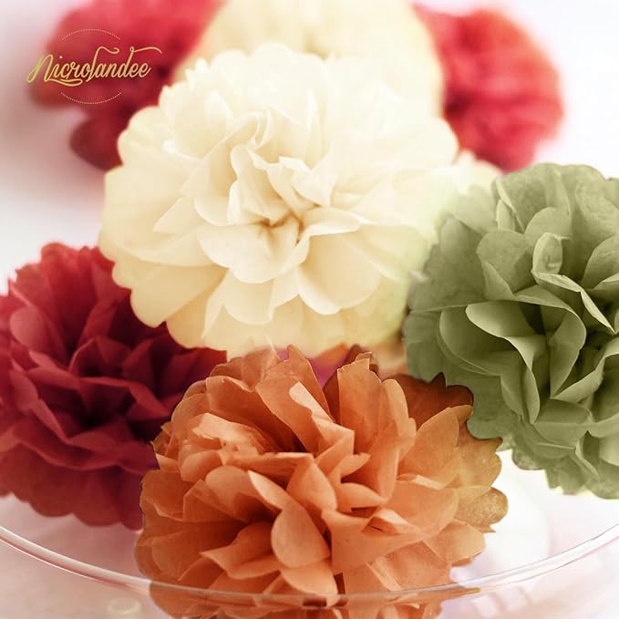 NICROLANDEE Fall Wedding Decorations - 15 PCS Pumpkin Orange Sage Green Ivory Tissue Pom Poms Decor, Dots Paper Garland for Thanksgiving, Baby Shower, Autumn Harvest Party Supplies