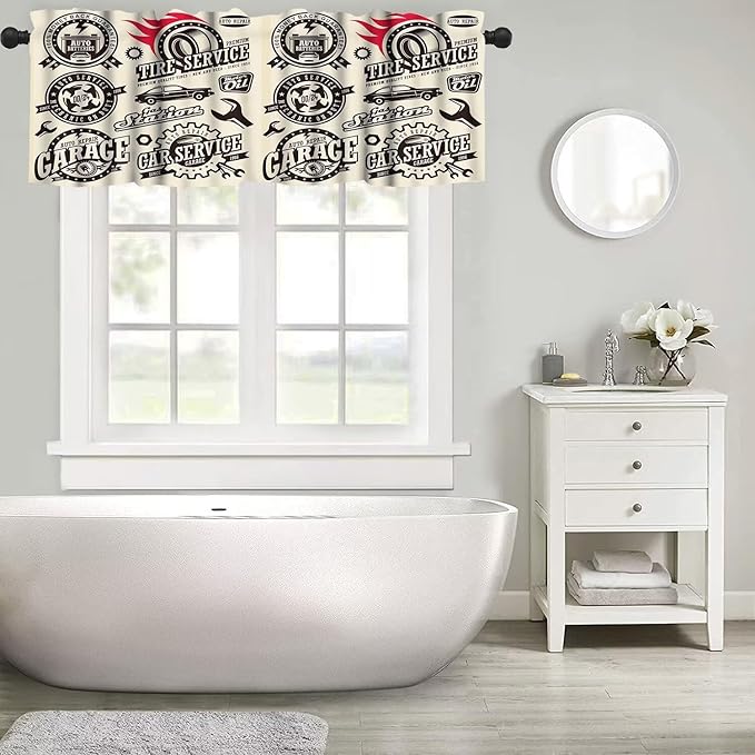 Retro Man Valances Curtains Car Repair Shop Logos Monochrome Car Silhouettes Best Garage, Windows Short Curtain Valance for Kitchen Bedroom Bathroom Decor with Rod Pocket, One Panel 54X18 Inches