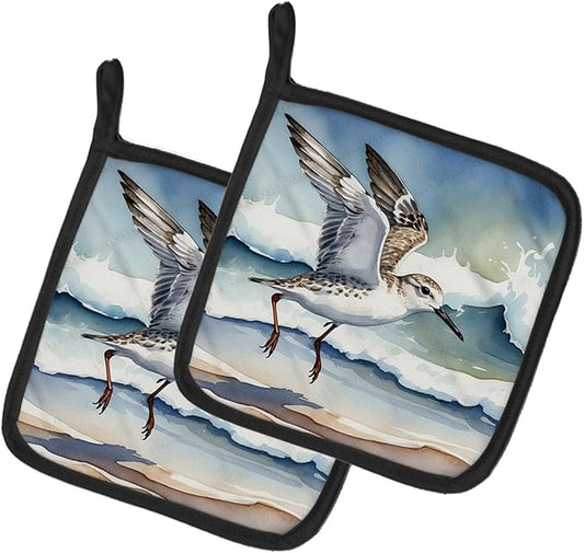 Caroline's Treasures Sanderling Racing The Tide Pair of Pot Holders Kitchen Heat Resistant Pot Holders Sets Oven Hot Pads for Cooking Baking BBQ, 7 1/2 x 7 1/2