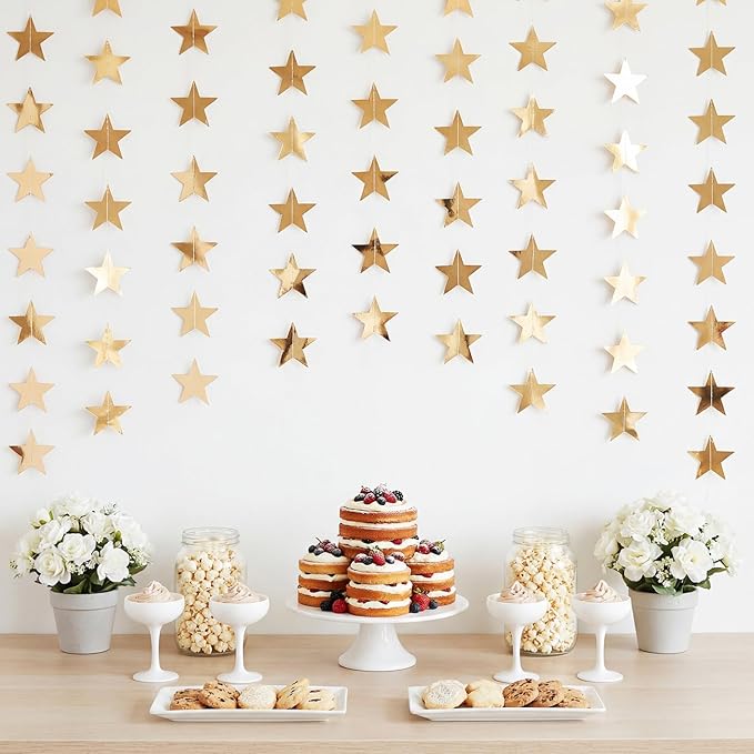 Patelai 210 Feet Glitter Star Garland Banner 2026 Party Decoration Double Side Star Hanging String Streamer Paper Twinkle for Graduation Wedding Birthday (Champagne Gold)