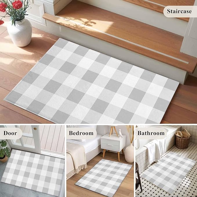 Area Rug 2x3ft, Light Grey White Plaid Washable Rugs for Living Room Bedroom, Farmhouse Decoration Buffalo Check Soft Non-Slip Area Rugs Rectangle Floor Carpet for Dining Room
