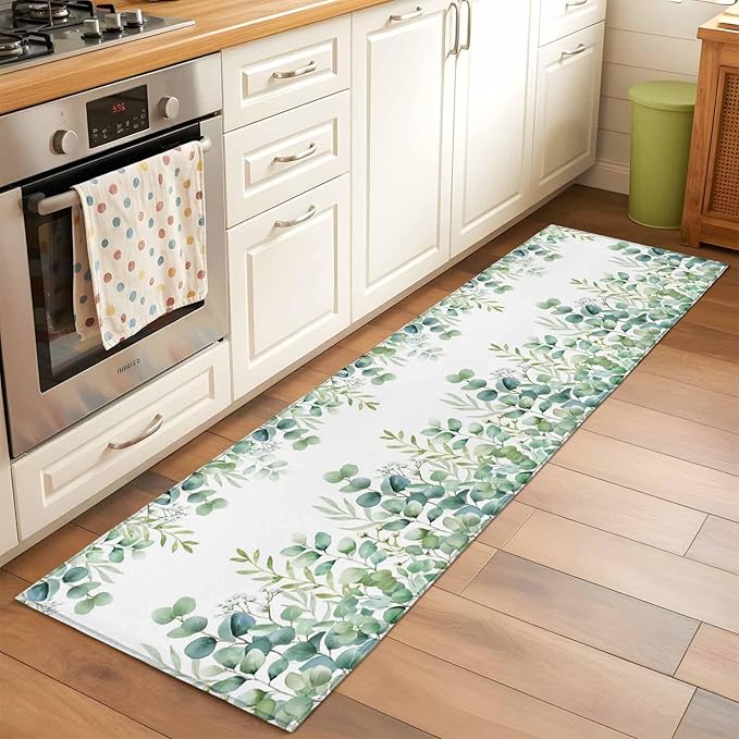Sage Green Eucalyptus Leaves 2x6 Kitchen Runner Rug, Farmhouse Botanical Non-Skid Rubber Backing Large Rectangle Rugs - Living Room Bedroom Home Office, Country Indoor Floor Mat Carpets Washable Rug