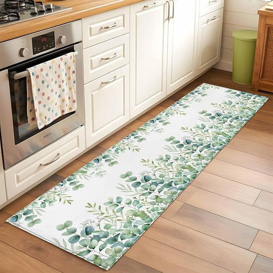 Sage Green Eucalyptus Leaves 2x6 Kitchen Runner Rug, Farmhouse Botanical Non-Skid Rubber Backing Large Rectangle Rugs - Living Room Bedroom Home Office, Country Indoor Floor Mat Carpets Washable Rug