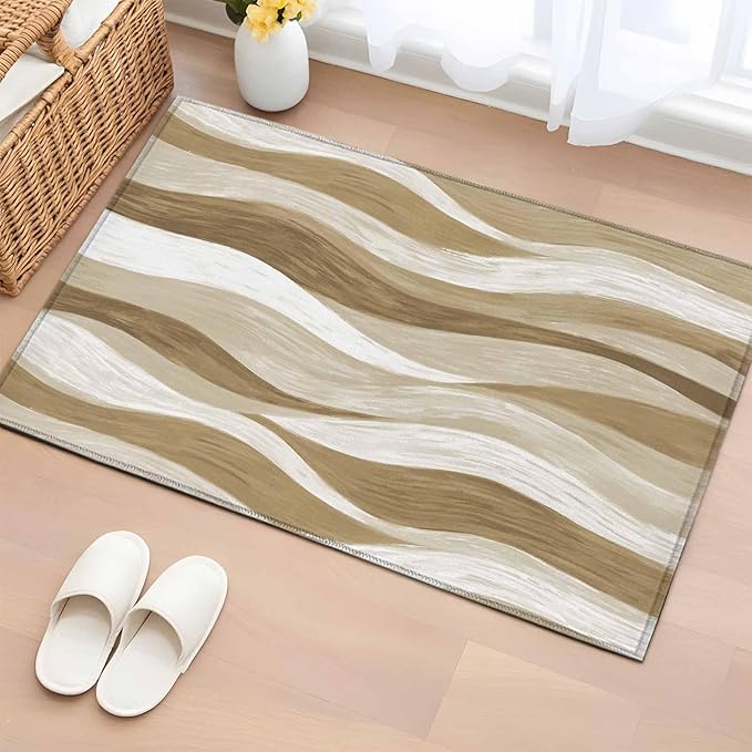 Area Rug 2x3ft, Modern Brown Ombre Ocean Wave Washable Rugs for Living Room Bedroom, Abstract Gradient Stripe Soft Non-Slip Area Rugs Rectangle Floor Carpet for Dining Room