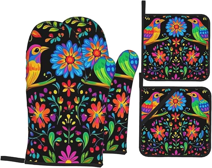 4 Pcs Mexican Flower Oven Mitts and Potholders,Kitchen Oven Glove with Pot Holders,Non-Slip Gloves High Heat Resistant 500 Degree for BBQ, Grill, Baking, Cooking, Oven, Microwave