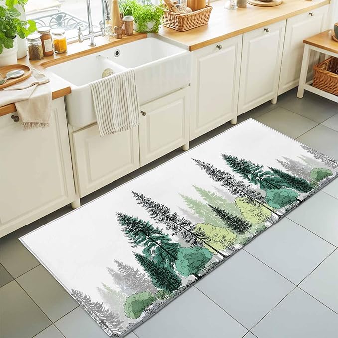 Runner Rug for Bedroom Hallway, Minimalist Pine Tree Kitchen Runner Rugs Area Rug 2x6ft, Farmhouse Watercolor Plants Washable Soft Floor Carpet for Entryway Stair