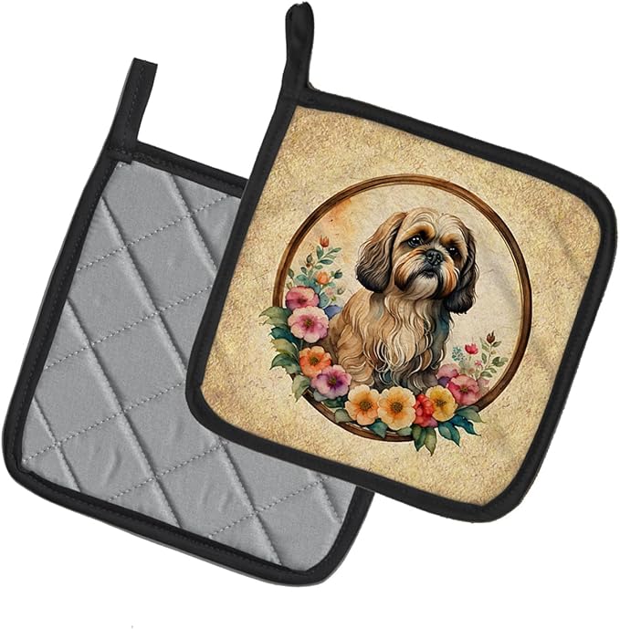 Caroline's Treasures Lhasa Apso and Flowers Pair of Pot Holders Kitchen Heat Resistant Pot Holders Sets Oven Hot Pads for Cooking Baking BBQ, 7 1/2 x 7 1/2