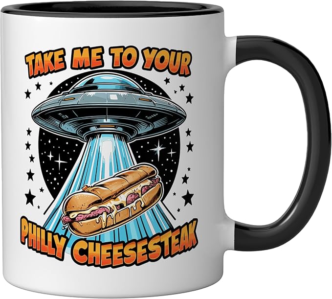 Take Me to Your Philly Cheesesteak UFO Philly Cheesesteak Ceramic Mug, Black/White