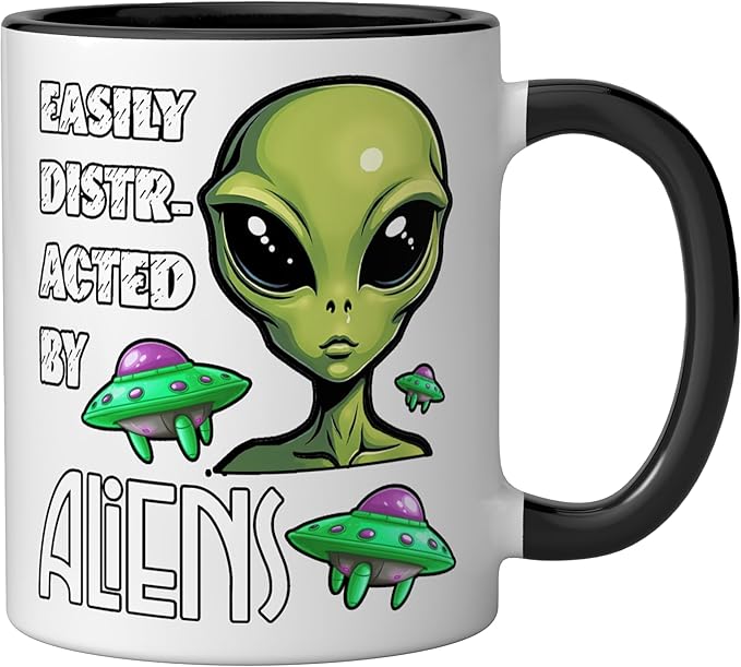 Easily Distracted By Aliens Funny Sci Fi Apparel Design Ceramic Mug, Black/White