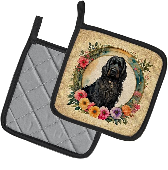 Caroline's Treasures Briard and Flowers Pair of Pot Holders Kitchen Heat Resistant Pot Holders Sets Oven Hot Pads for Cooking Baking BBQ, 7 1/2 x 7 1/2