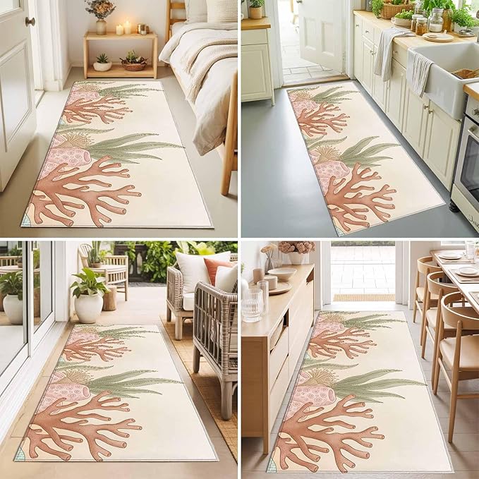 Runner Rug for Bedroom Hallway, Ocean Coral Seaweed Shell Reef Kitchen Runner Rugs Area Rug 2x6ft, Watercolor Marine Theme Washable Soft Floor Carpet for Entryway Stair