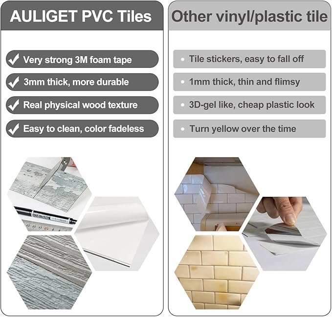 AULIGET 4 Pieces Peel and Stick Backsplash PVC Tile, 3" x 6" Rustic Wood Brick Stick on Tiles