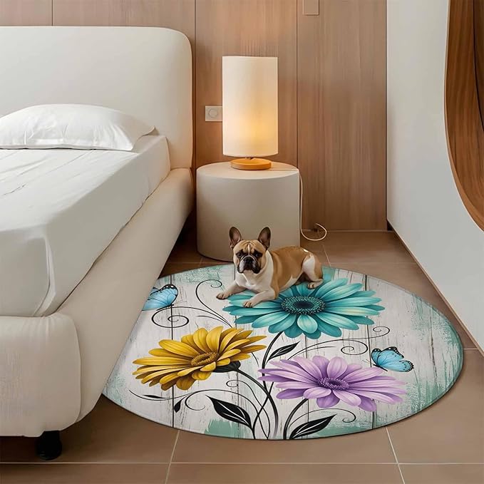 Washable Round Area Rug Farm Flower Daisy Retro Wood Barn Circle Rugs Floor Carpet for Living Room Bedroom, Blossom Flower Butterfly Soft Non Slip Round Rug 3ft